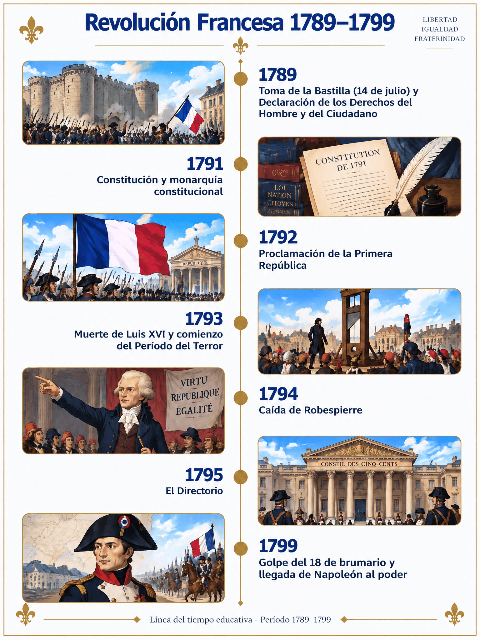 Línea del tiempo de la Revolución Francesa de 1789 a 1799 con ilustraciones de la época: Bastilla, Constitución, Primera República, Terror, Directorio y 18 de brumario
