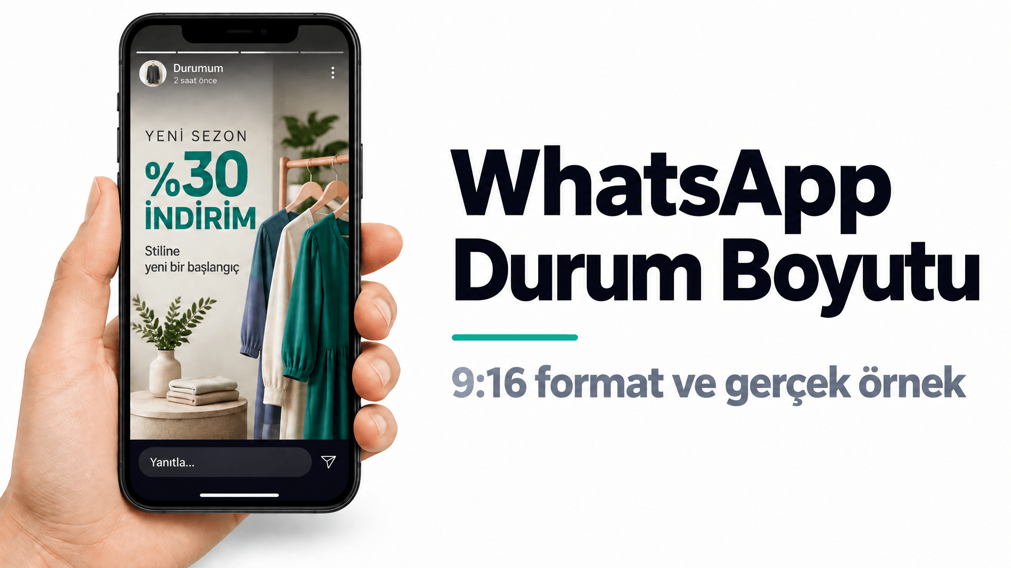 WhatsApp durum boyutu: 9:16 formatta bir butik kampanyası gösteren telefon