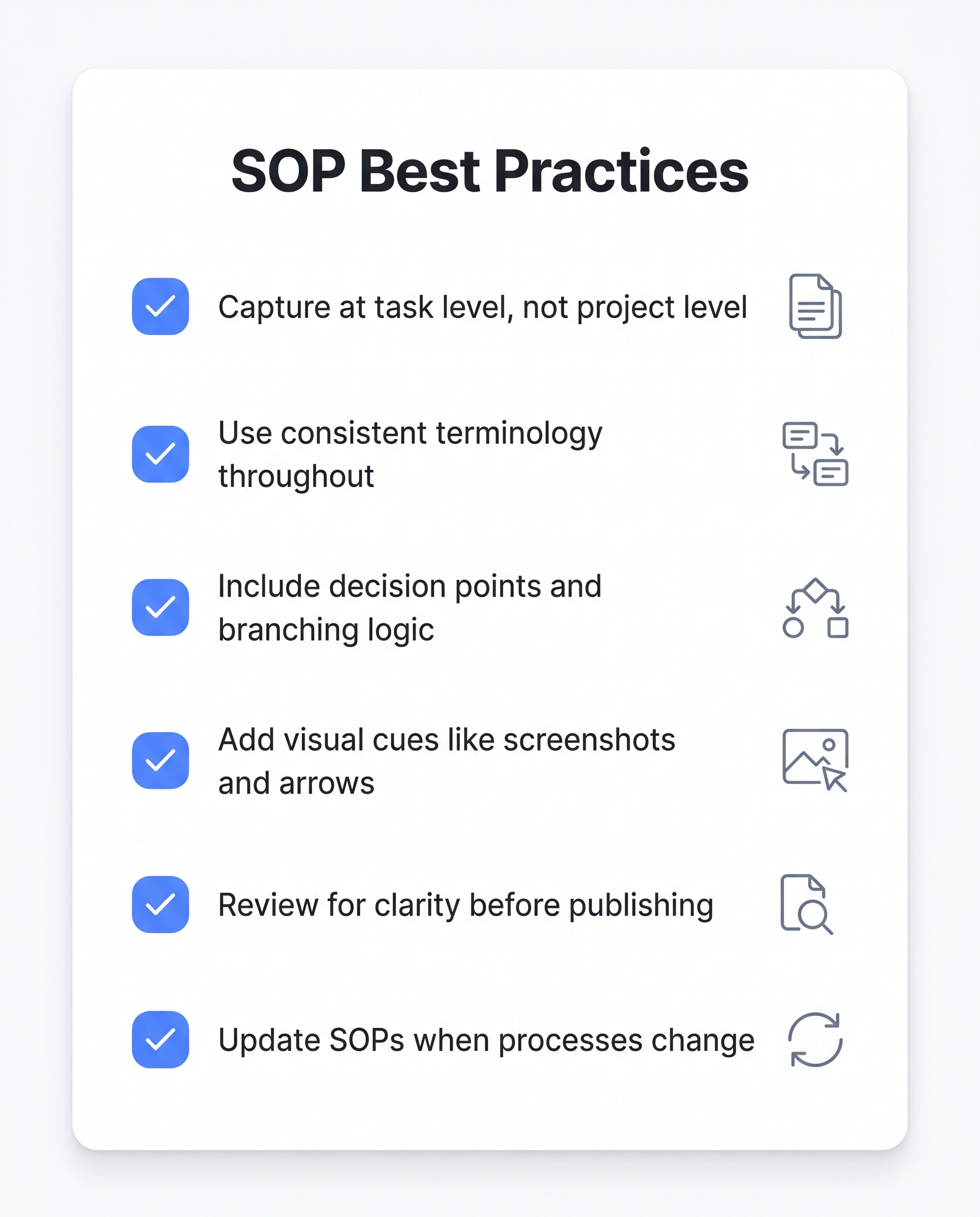 Best practices checklist for automating SOP creation with AI tools and workflow capture.