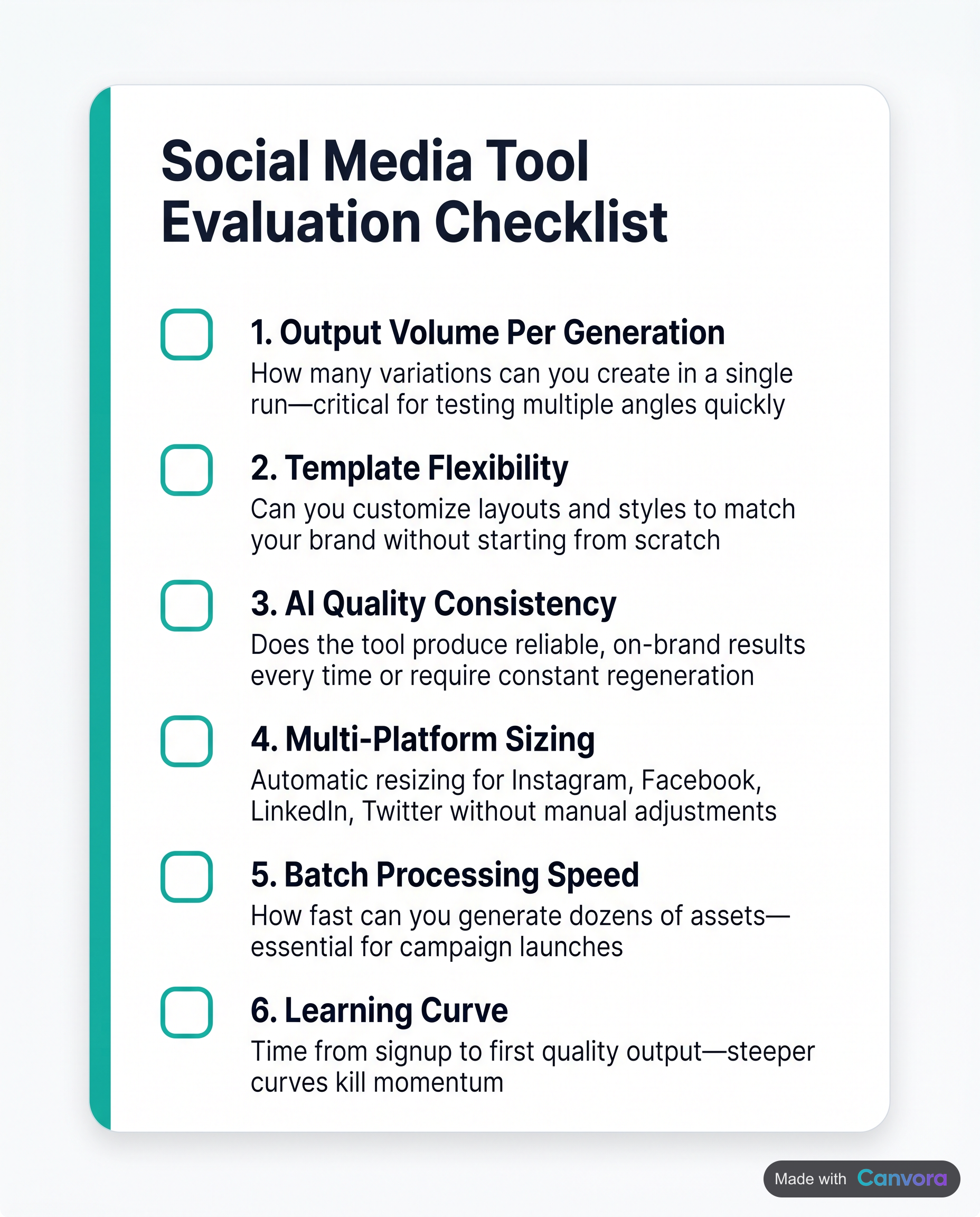 Checklist of six criteria for evaluating AI tools for social media graphics quality and efficiency.