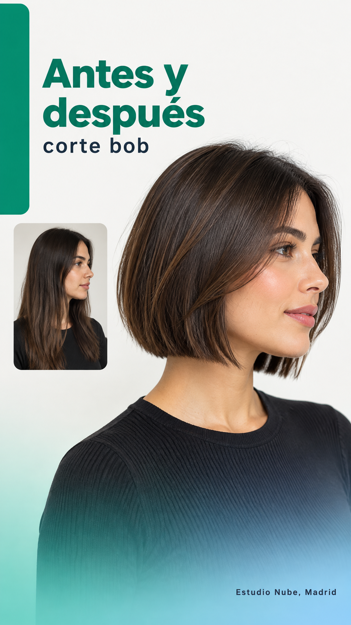 Capa de Reel em espanhol de um salão de beleza: «Antes y después: corte bob»