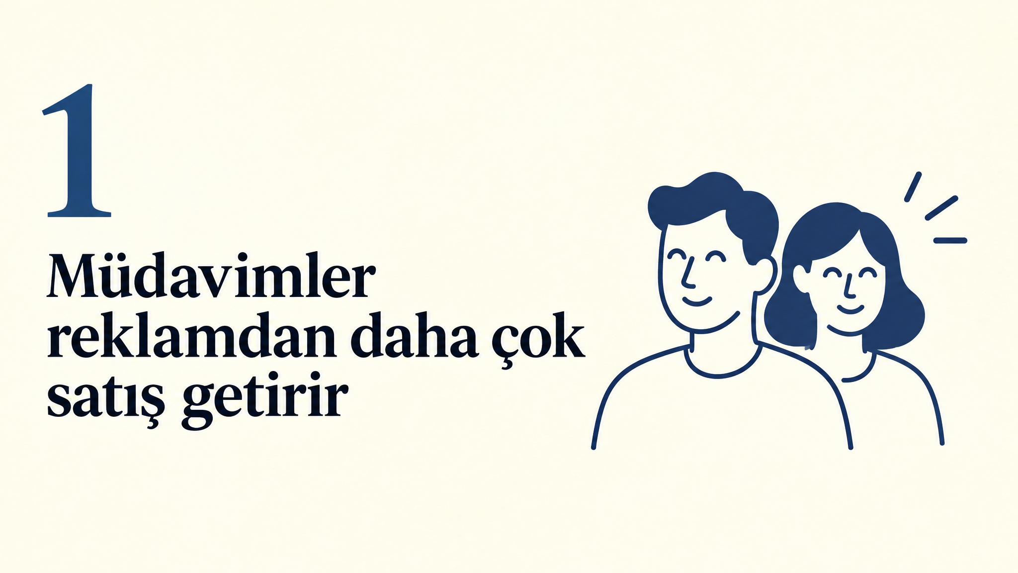 2. slayt: «1 — Müdavimler reklamdan daha çok satış getirir» ve gülümseyen iki müşteri