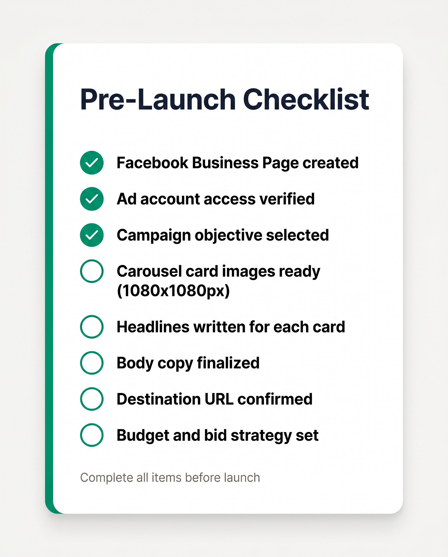 Checklist of requirements before creating a Facebook carousel ad campaign