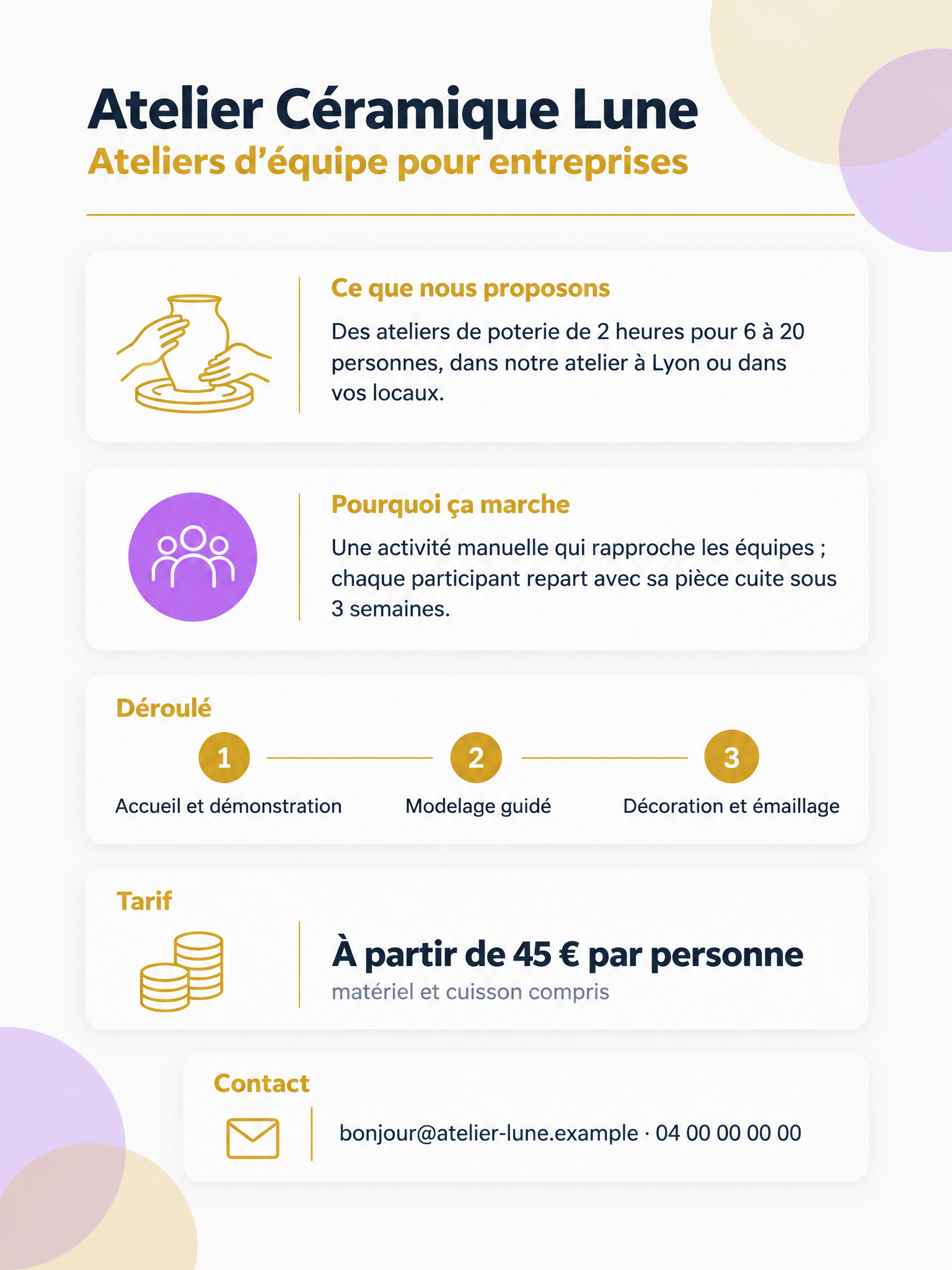 French one-pager for Atelier Céramique Lune: team pottery workshops, why it works, a three-step session, price from €45 per person and contact details