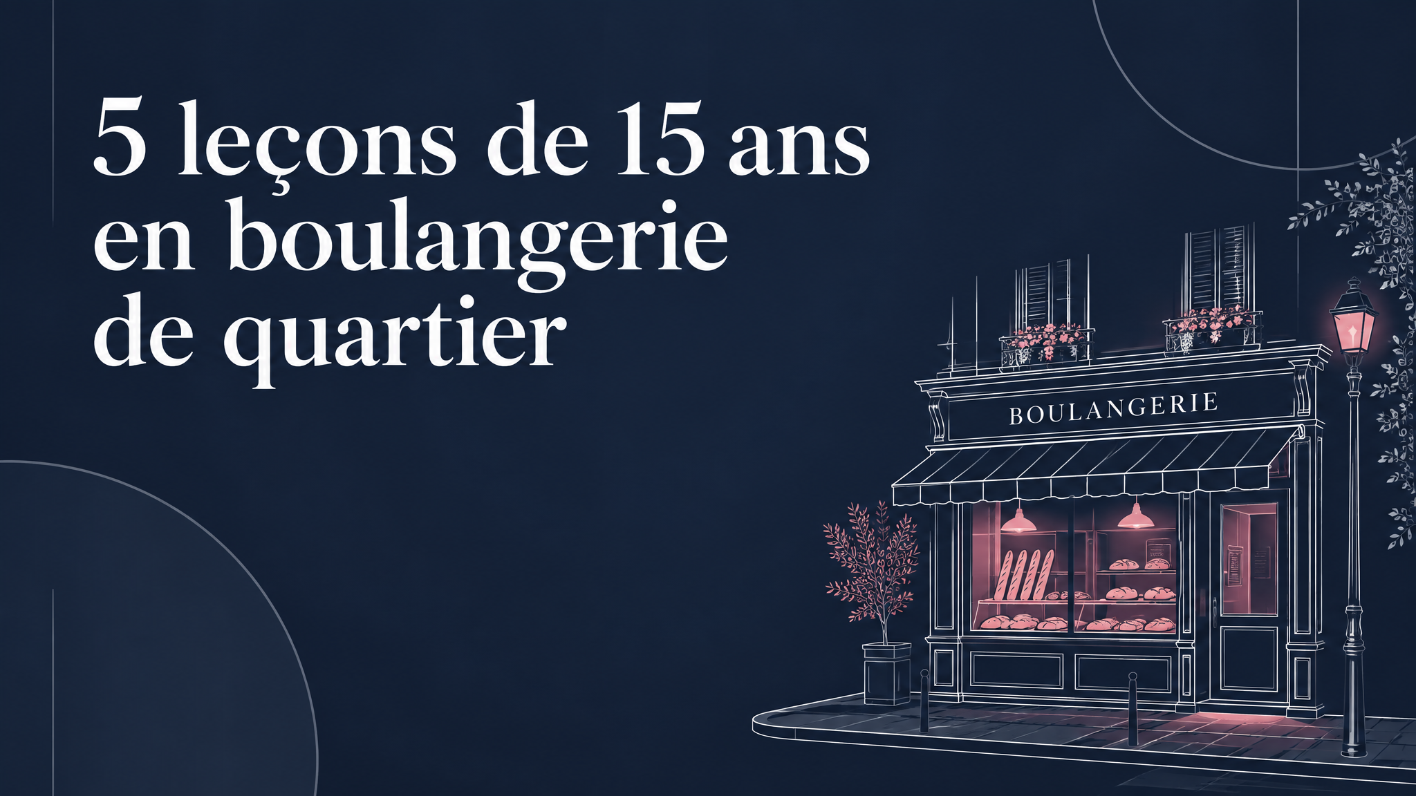 Diapositive 1, couverture : « 5 leçons de 15 ans en boulangerie de quartier », avec une façade de boulangerie dessinée au trait