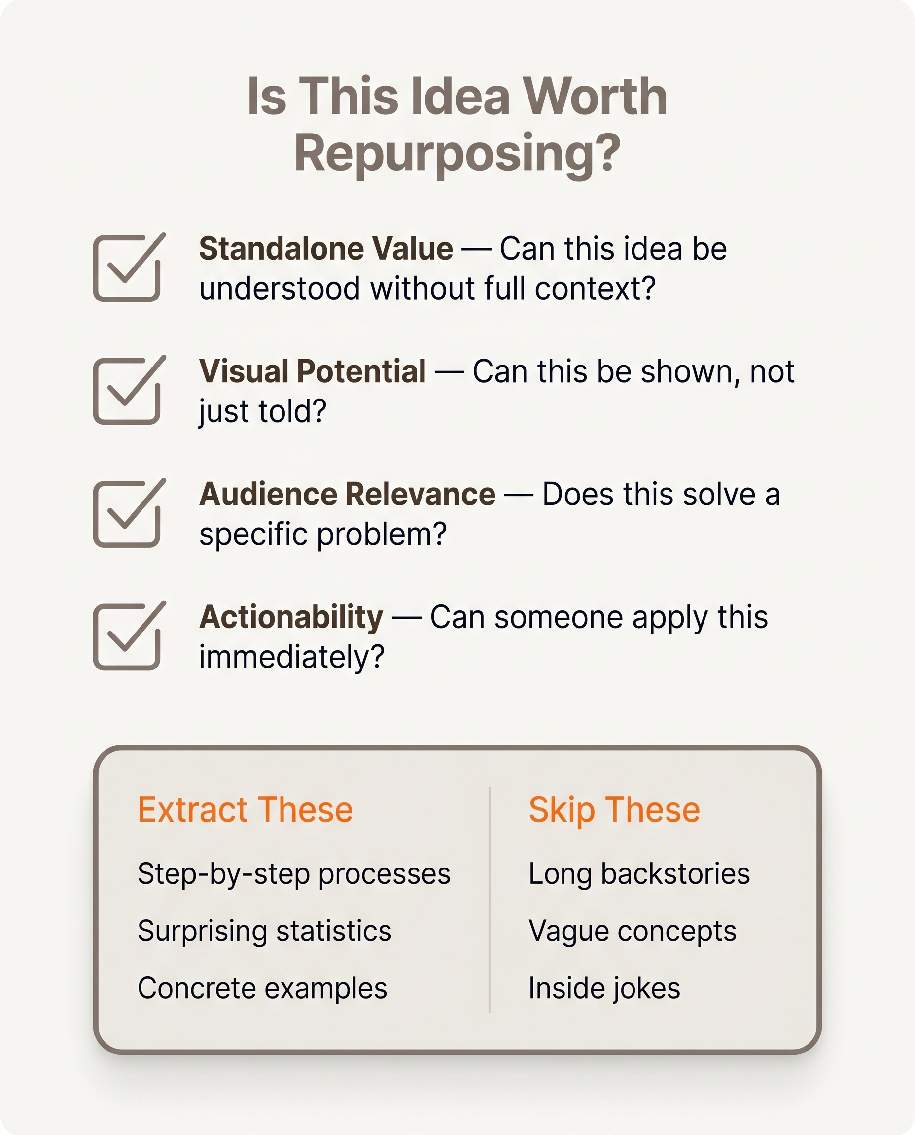 Checklist for extracting repurposable ideas from blog posts for Instagram