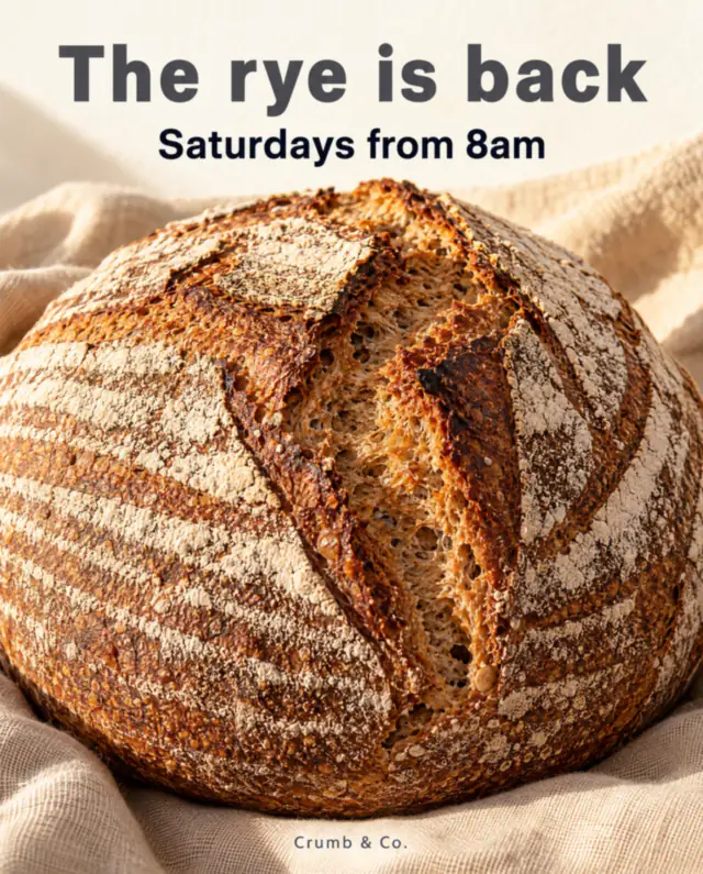 Instagram portrait post made with Canvora for a bakery: a rye sourdough loaf with the headline The rye is back