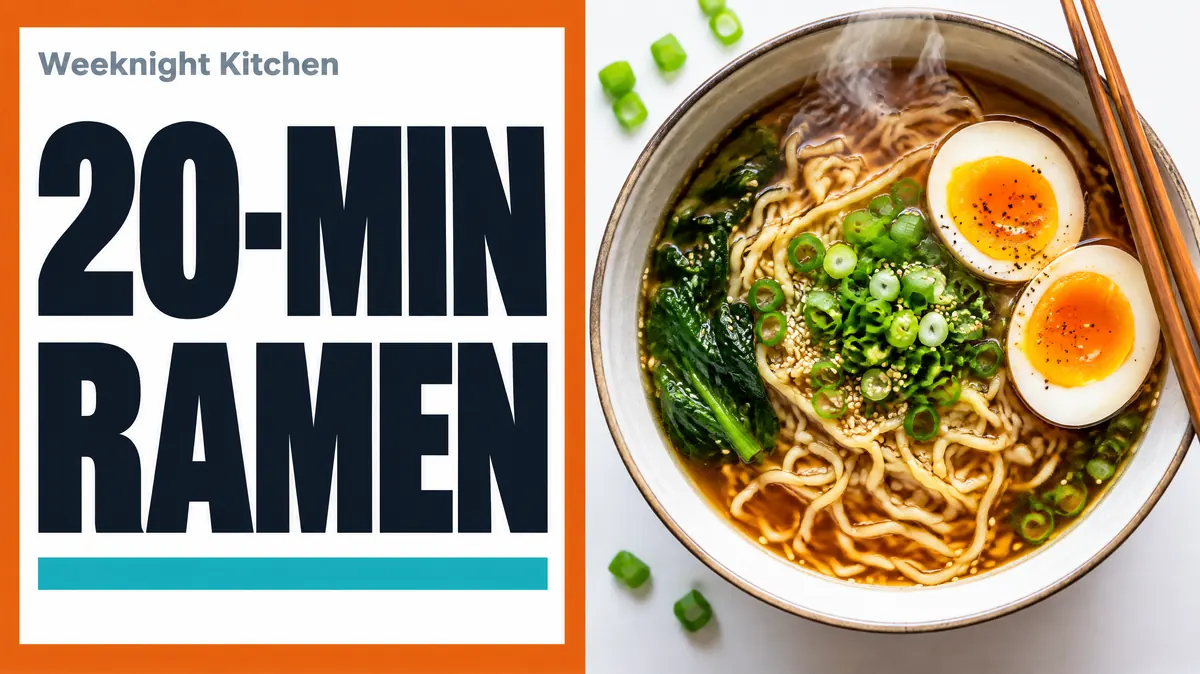 YouTube thumbnail made with Canvora: a bowl of ramen with the headline 20-MIN RAMEN